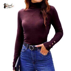 Polyester Knit Turtleneck Sweater Pullover with Metal Buttons